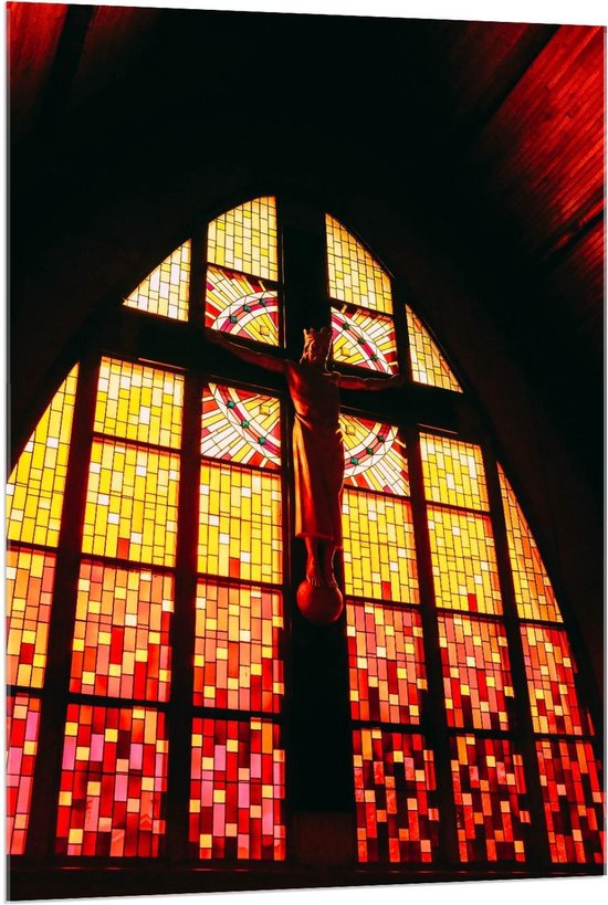 Acrylglas - Glas in Lood Raam met Jezus  in Kerk - 80x120cm Foto op Acrylglas (Met Ophangsysteem)