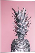 Acrylglas - Zilveren Ananas op Roze Achtergrond - 60x90cm Foto op Acrylglas (Met Ophangsysteem)