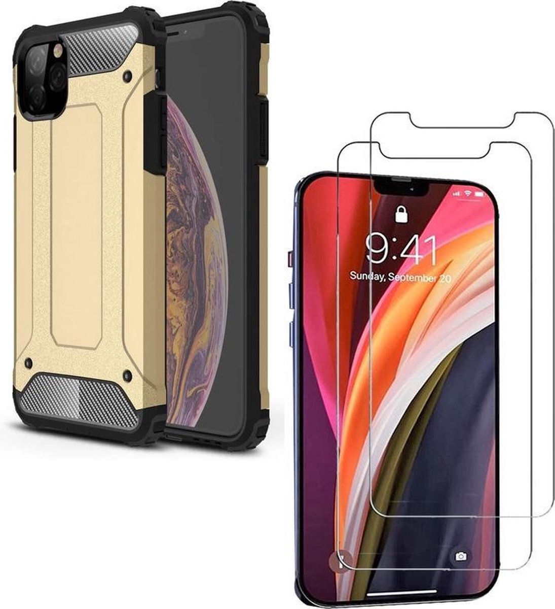 Hoesje Geschikt voor: iPhone 12 Heavy Duty + 2 stuks Tempered Screenprotector - Goud