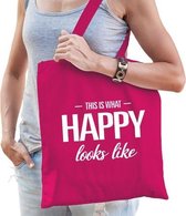 This is what happy looks like cadeau katoenen tas roze voor dames - kado tas / tasje / shopper voor een gelukkige dame / vrouw