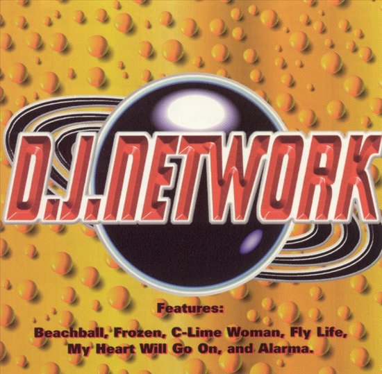 D.J. NETWORK albumhoes met een zwarte planeet, oranje achtergrond met bollen en de lijst met nummers.