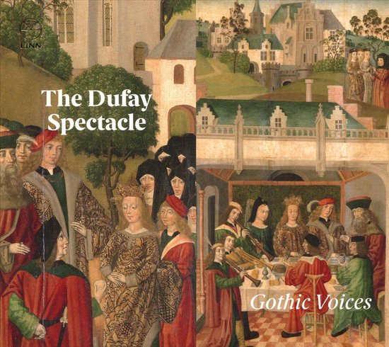 Dubbel portret van middeleeuwse scènes met "The Dufay Spectacle" en "Gothic Voices".