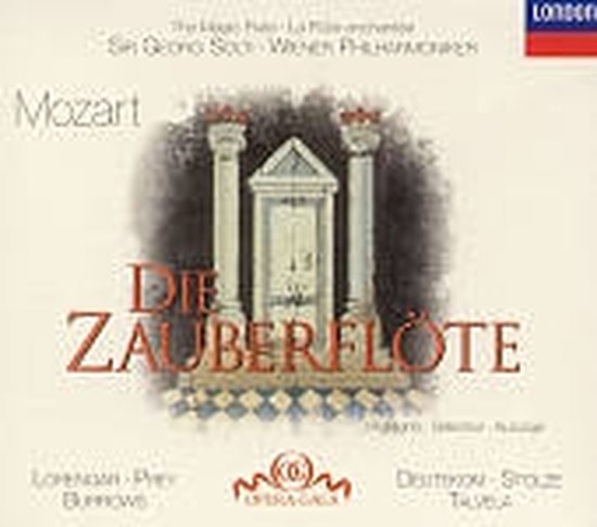 Mozart: Die Zauberflöte – Highlights. Cover met een klassiek gebouw en tekst.