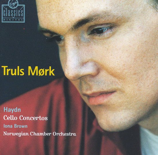 Truls Mørk, close-up van gezicht, met "Virgin Classics Digital" logo en titel "Haydn Cello Concertos".