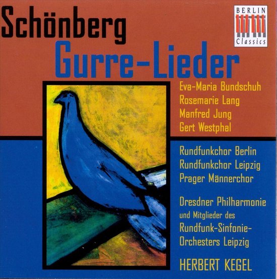Albumhoes met tekst Schönberg Gurre-Lieder en een blauwe vogel op een gele achtergrond.