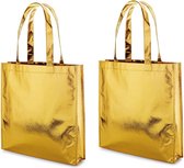 2x Gelamineerde boodschappentassen/shoppers goud 34 x 35 cm - Non-woven gelamineerde tassen met 50 cm handvatten
