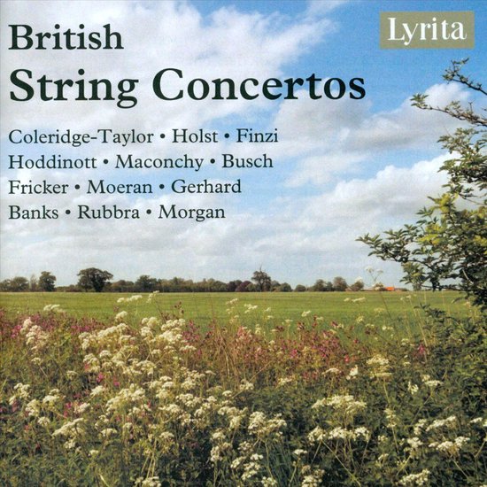 Albumhoes met de titel 'British String Concertos' en een veld met wilde bloemen en gras.
