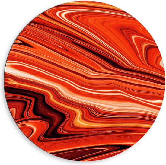 Dibond Wandcirkel - Rood/Oranje Watermarble - Foto op Aluminium Wandcirkel (met ophangsysteem)