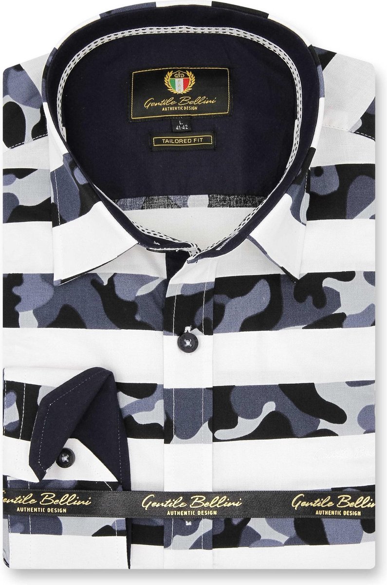 Heren Overhemd - Slim Fit - Stripe Camo - Wit - Maat XL