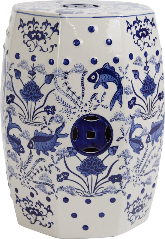 Tabouret Céramique Jardin Poissons Koï Bleu Blanc – D33 X H46 Cm – Fait Main – Porcelaine – Multifonction