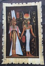 Papyrus - Isis + Hathor - Goden  uit de Faraotijd van Egypte -  Wanddecoratie - 30 x 20 cm