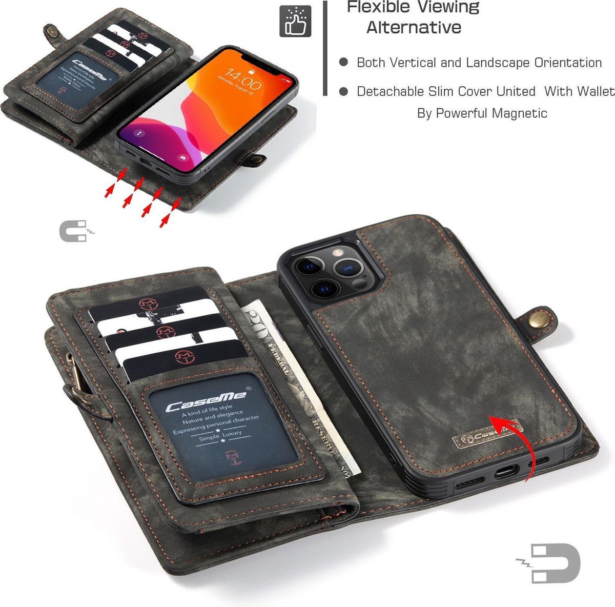 Pochette iPhone 12 Pro Max de Luxe avec Portefeuille détachable en Cuir /  Coque Magnétique Couleur Noir