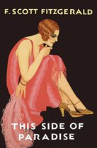 Boekomslag 'This Side of Paradise' van F. Scott Fitzgerald. Een vrouw in een rode jurk met franjes en gouden schoenen, houdt een roze veren waaier vast.