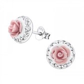Oorbellen dames | Oorstekers | Zilveren oorstekers, roze roos met kristallen | WeLoveSilver