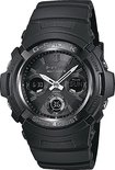 Zwart G-Shock horloge met multifunctioneel display, op een witte achtergrond.