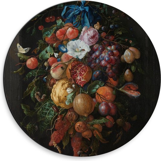 Dibond Wandcirkel - Oude meesters - Festoen van vruchten en bloemen, Jan Davidsz. de Heem - 30x30cm Foto op Aluminium Wandcirkel (met ophangsysteem)