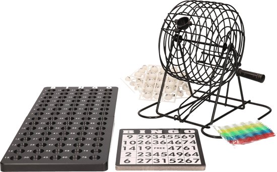 Afbeelding van het spel Bingo spel zwart/wit complete set 20 cm nummers 1-75 - Bingospel - Bingo spellen - Bingomolen met bingokaarten - Bingo spelen