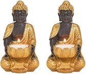 4x Boeddha beeld theelichthouders/windlichten goud/zwart 14 cm - Waxinelicht houders Boeddha beelden- Polyresin Buddhabeelden