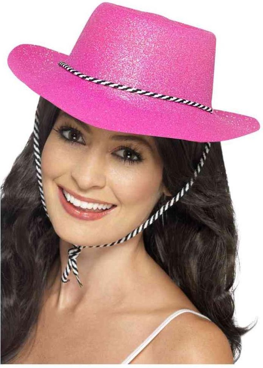 Roze glitter carnaval verkleed cowboy hoed voor volwassenen