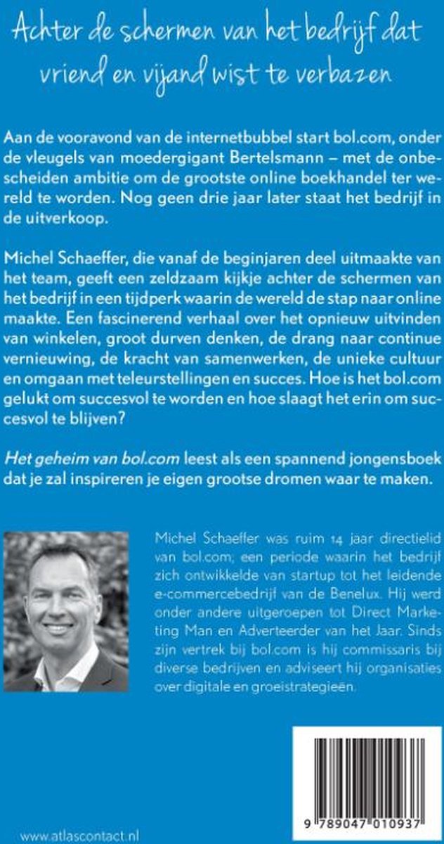 Boekomslag: achterkant met tekst en een foto van auteur Michel Schaeffer. Titel en tekst in het Nederlands.