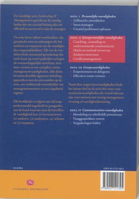 Achterkant boek 'Leiderschap & Management II' met inhoudsopgave in het Nederlands.