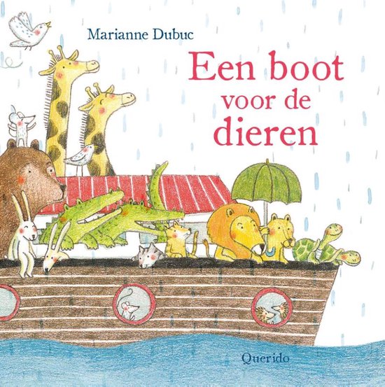 Titel van het boek 'Een boot voor de dieren' met verschillende dieren op de boot tijdens een regenachtige dag.