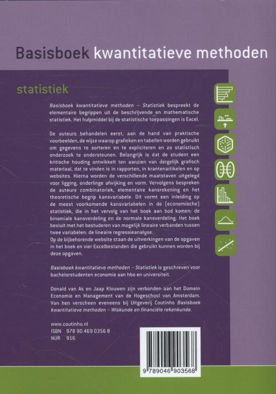 Basisboek kwantitatieve methoden - Statistiek, met iconen voor grafieken, kansverdeling, dobbelstenen en data.