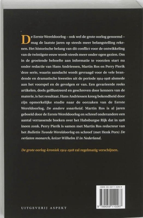 Achterkant van een boek met tekst over 'De Grote Oorlog kroniek 1914-1918'.