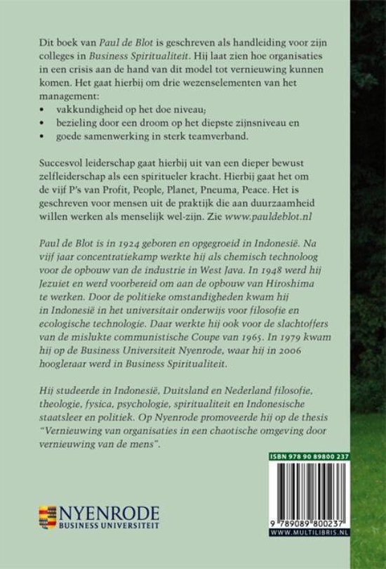 Achterkant van het boek 'Business Spiritualiteit' met tekst en een QR-code.