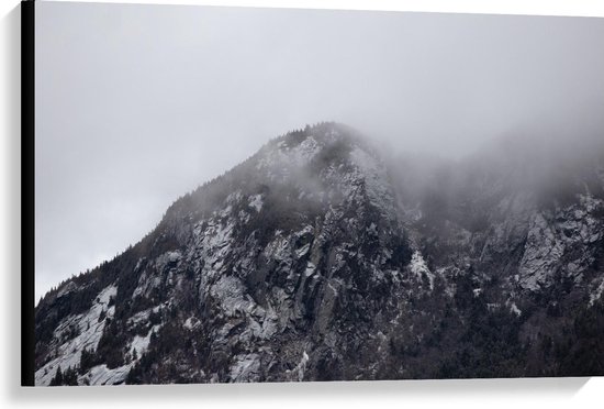 Canvas  - Berg met Mist (zwart/wit) - 90x60cm Foto op Canvas Schilderij (Wanddecoratie op Canvas)