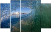 Schilderij , Zicht door het Surfgolf  , Groen blauw ,4 maten , 5 luik , wanddecoratie , Premium print , XXL