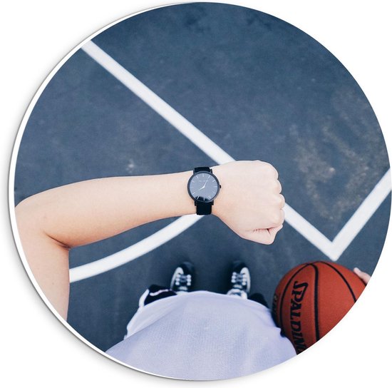 Forex Wandcirkel - Horloge met Basketbal - 20x20cm Foto op Wandcirkel (met ophangsysteem)