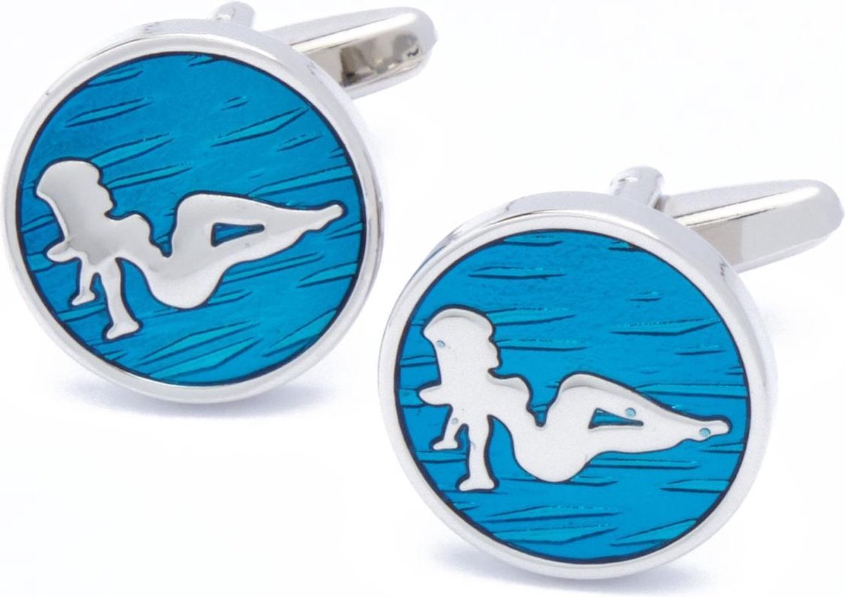 Manchetknopen - Blauw met Wit Silhouet van een Vrouw