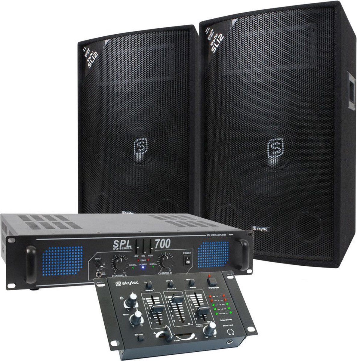 DJ set - Complete DJ set met mengpaneel, versterker en 12'' speakers - 700W - Skytec