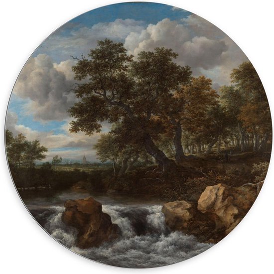 Dibond Wandcirkel - Oude Meesters - Landschap met waterval, Jacob Isaacksz van Ruisdael - 100x100cm Foto op Aluminium Wandcirkel (met ophangsysteem)