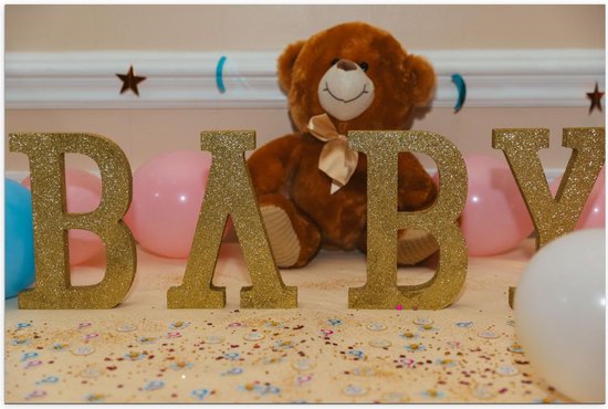 Poster – Gouden Letters 'Baby' met Teddybeer - 90x60cm Foto op Posterpapier