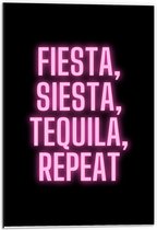 Dibond - Tekst: ''Fiesta, Siesta, Tequila, Repeat'' zwart/roze - 40x60cm Foto op Aluminium (Wanddecoratie van metaal)