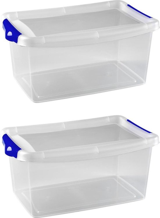 2x Stuks opberg boxen/opbergdozen 4 liter 29 x 19 x 13 cm kunststof - Opslagboxen - Opbergbakken kunststof transparant/blauw
