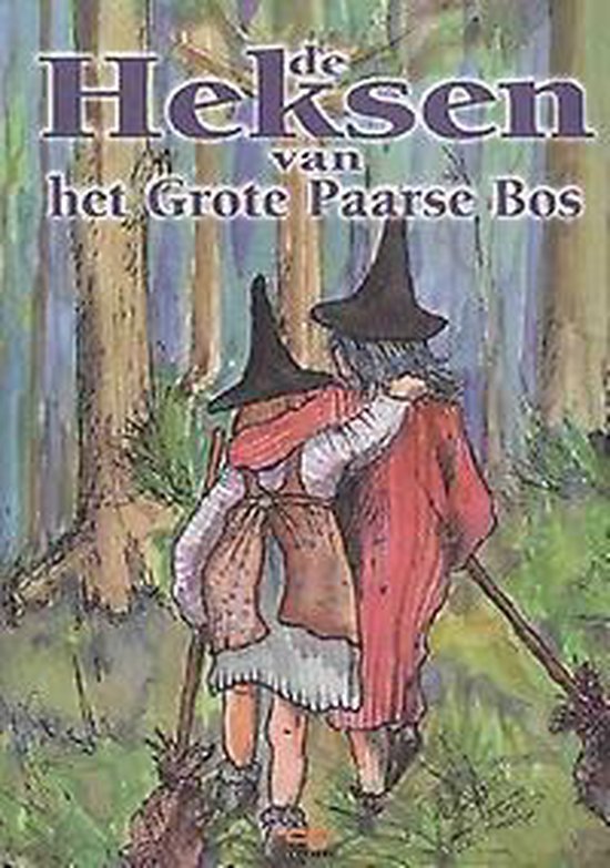 Deux sorcières avec des chapeaux pointus et des balais, s'enlacent dans une forêt.