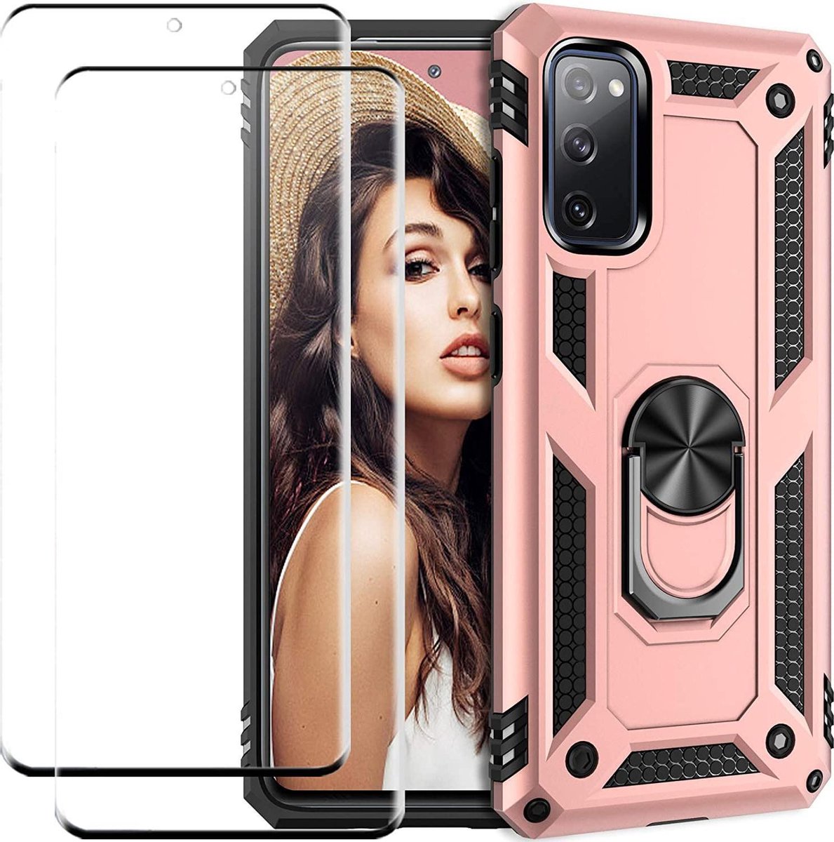 Telefoonhoesje Geschikt voor: Samsung Galaxy S20 Plus hoesje Schokbestendige ring armor met 2X volledige schermdekking Screenprotector rose gold