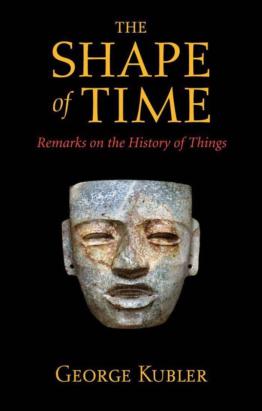 Couverture du livre 'The Shape of Time' avec un masque maya en pierre grise sur fond noir. Le titre et le nom de l'auteur sont en lettres jaunes.