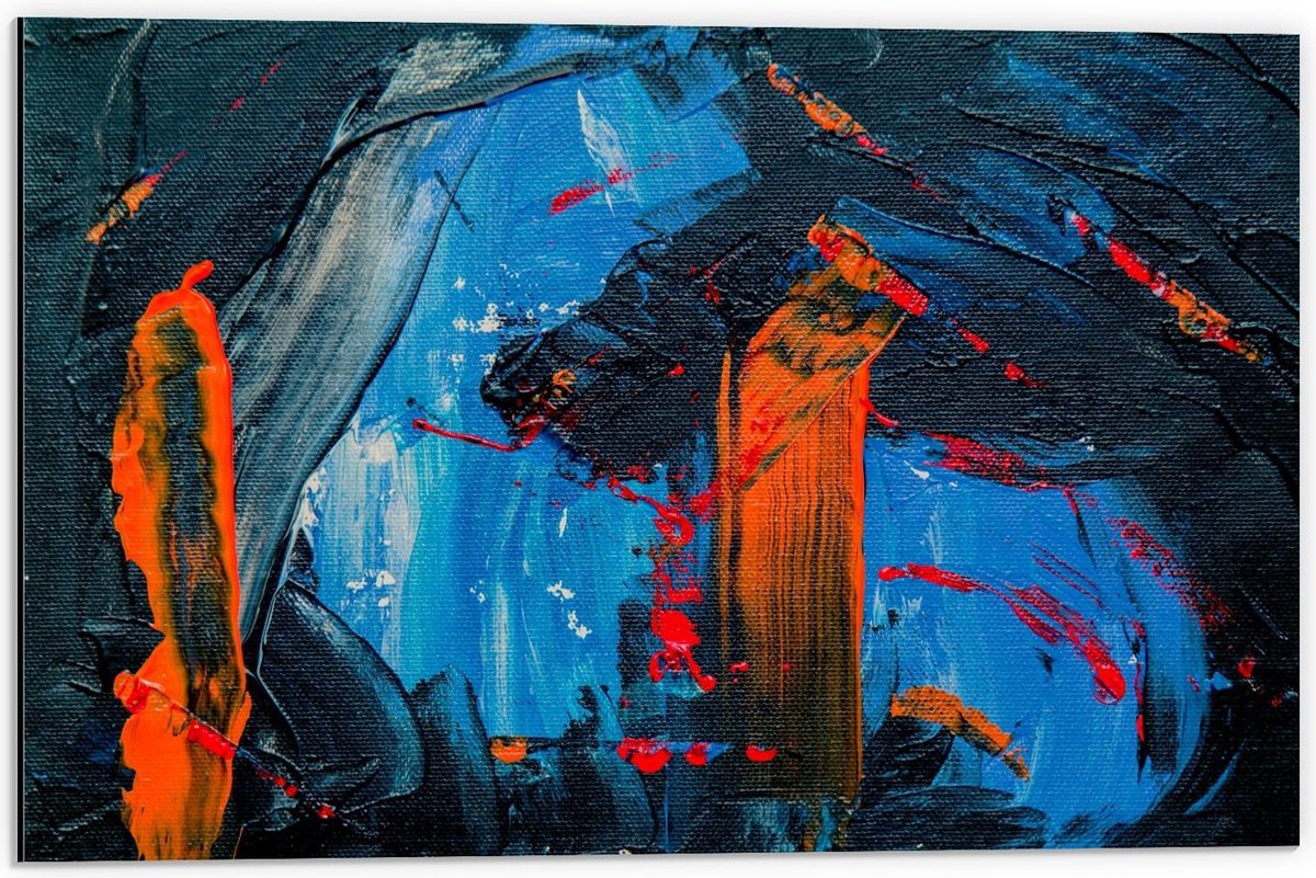 Dibond - Schilderij Verfstrepen (zwart/blauw/oranje) - 60x40cm Foto op Aluminium (Met Ophangsysteem)