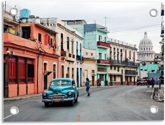 Tuinposter – Dorpsstraatje in Cuba - 40x30cm Foto op Tuinposter  (wanddecoratie voor buiten en binnen)