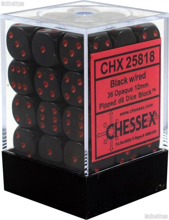 Chessex Opaque zwart/rood D6 12mm Dobbelsteen Set (36 stuks)