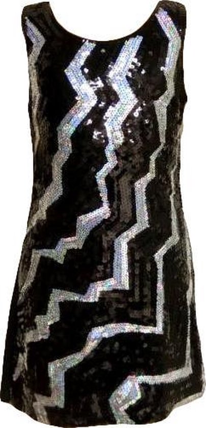 Hoogy Googy feestelijk jurkje met pailletten -zigzag zwart/zilver- maat 92/98(valt als 110/116)