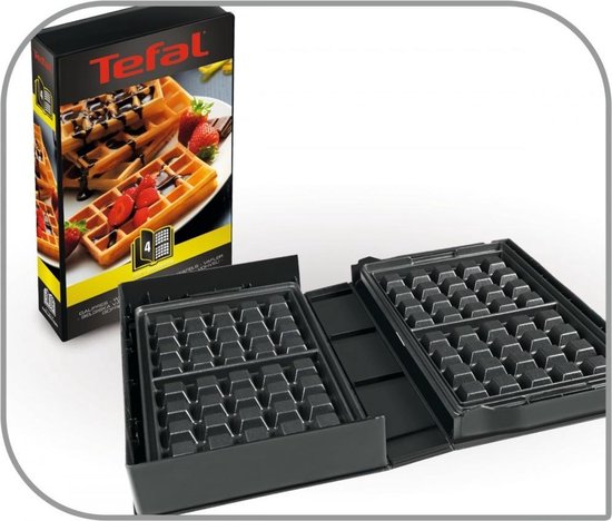 Tefal snackapparaat met wafelplaten en doos met afbeelding van wafels.
