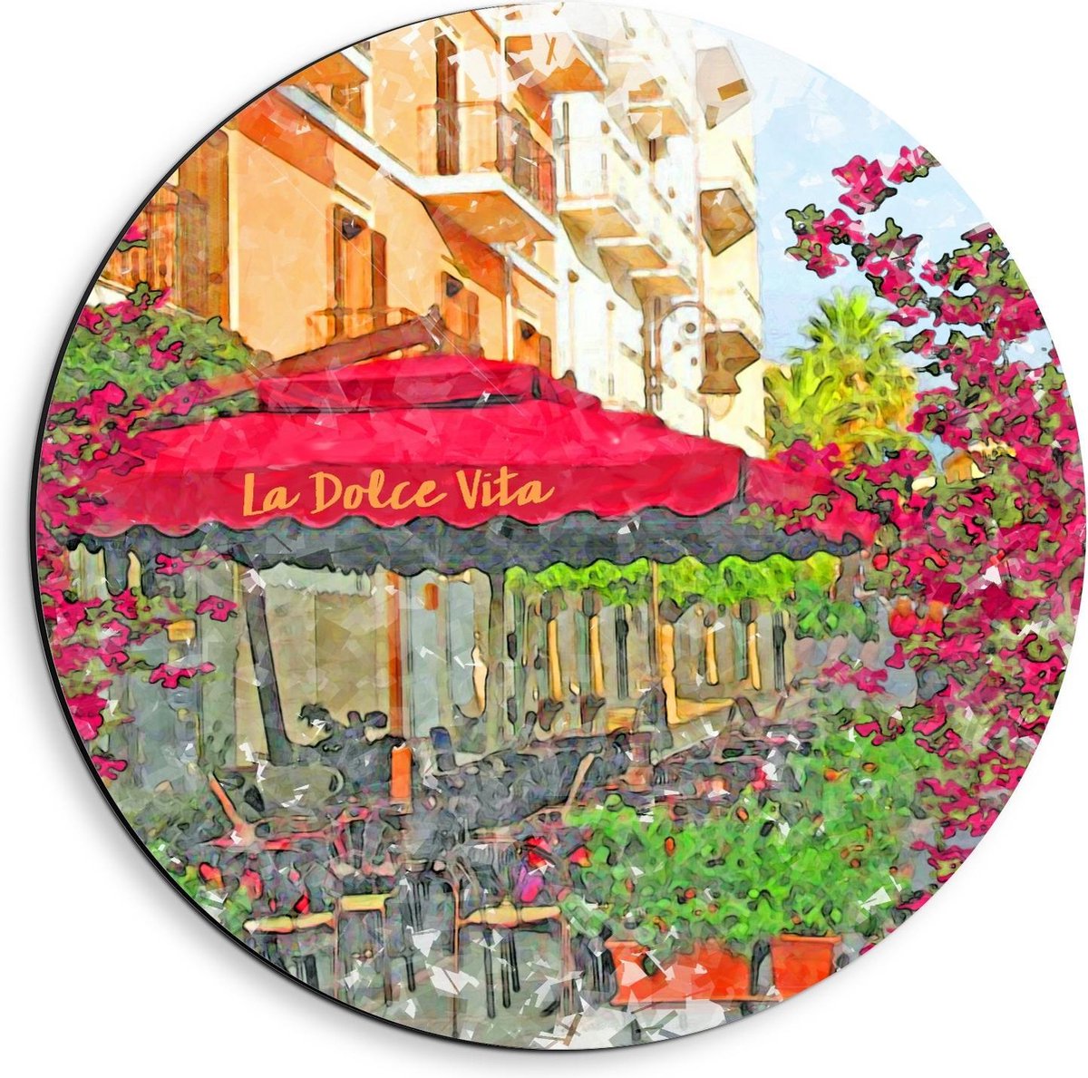 Dibond Wandcirkel - Geschilderd Terras met Roze Parasol - 40x40cm Foto op Aluminium Wandcirkel (met ophangsysteem)