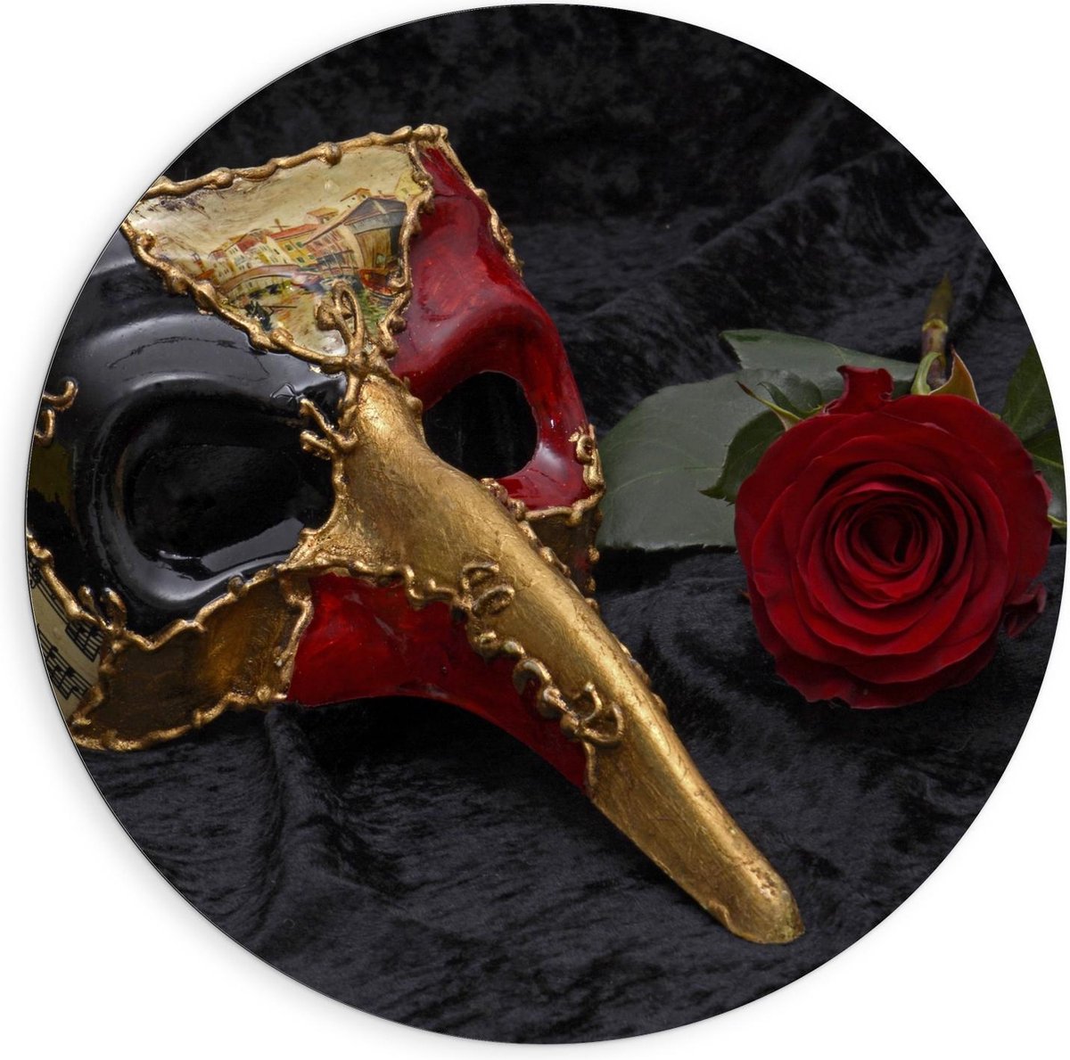 Dibond Wandcirkel - Goud/Rood Masker met Rode Roos - 90x90cm Foto op Aluminium Wandcirkel (met ophangsysteem)