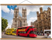 Schoolplaat – Rode/Gele Bus Londen - 90x60cm Foto op Textielposter (Wanddecoratie op Schoolplaat)