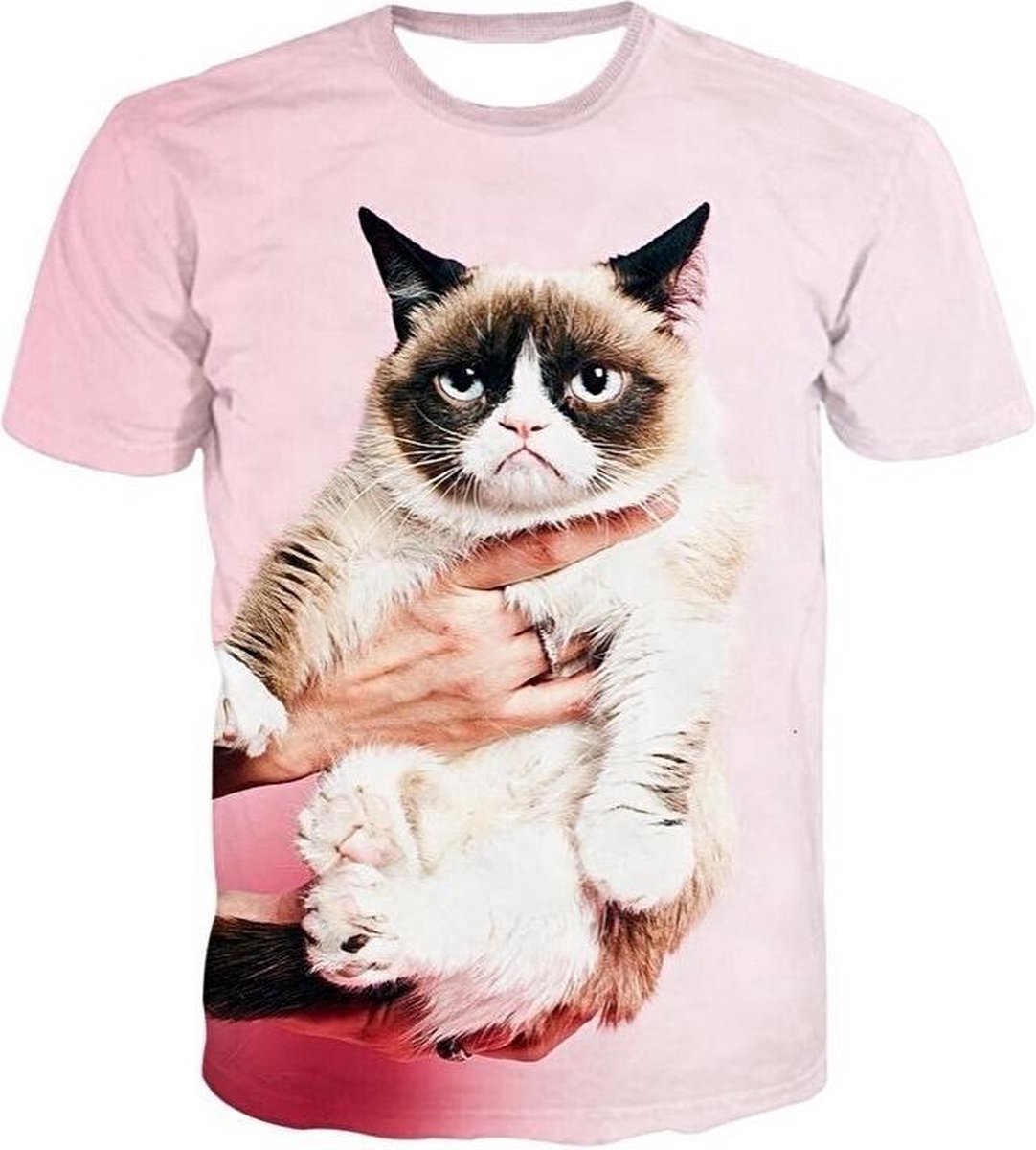 Grumpy cat roze festival shirt Maat: XL Crew neck - Festival shirt - Superfout - Fout T-shirt - Feestkleding - Festival outfit - Foute kleding - Kattenshirt - Regenboogshirt - Kleding fout feest